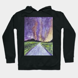 Night road under starry sky watercolor landscape Hoodie